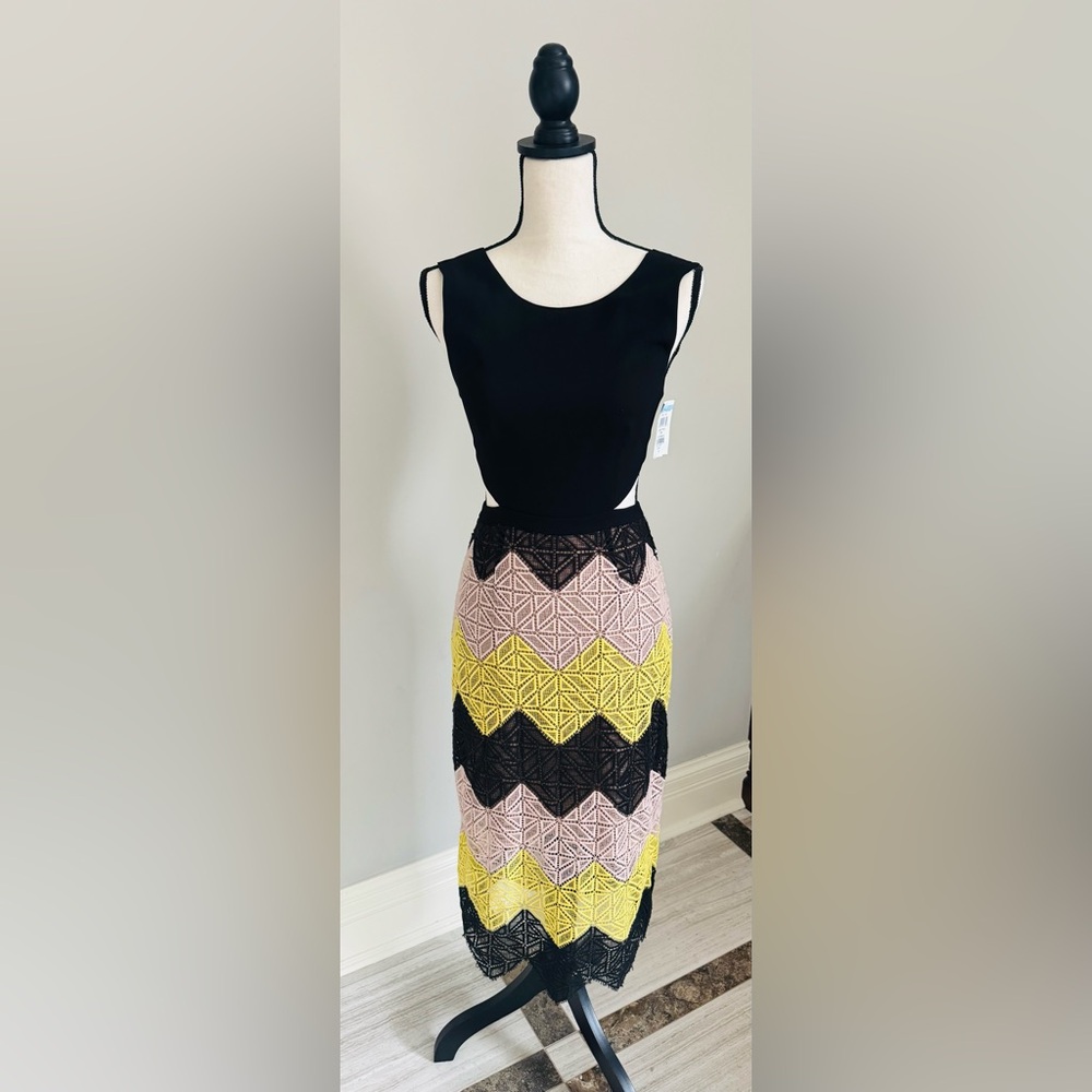 BCBG Maxazria Black, Blush & Yellow Lace Chevron cut out dress.